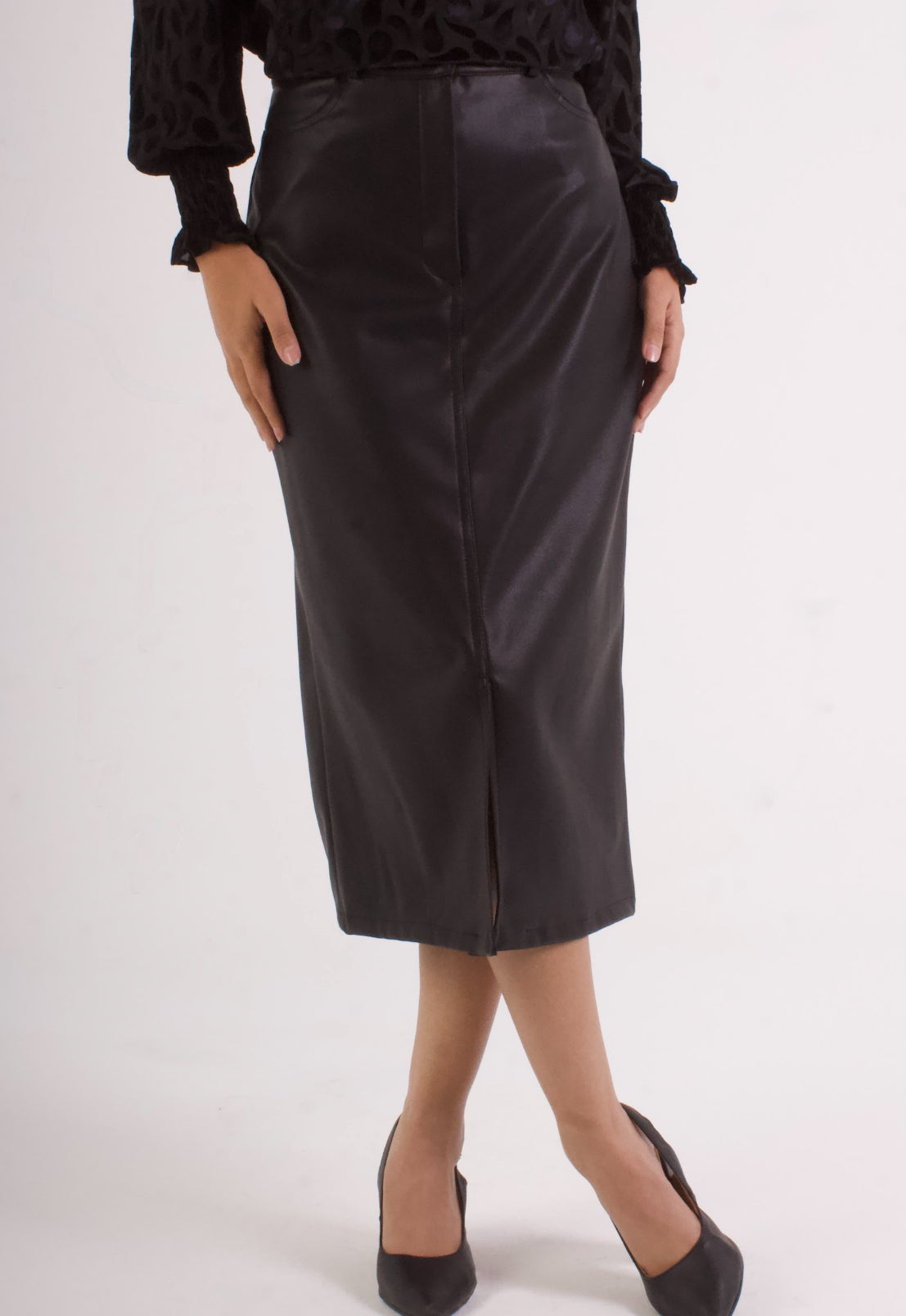 Front Slit Midi Leather Skirt