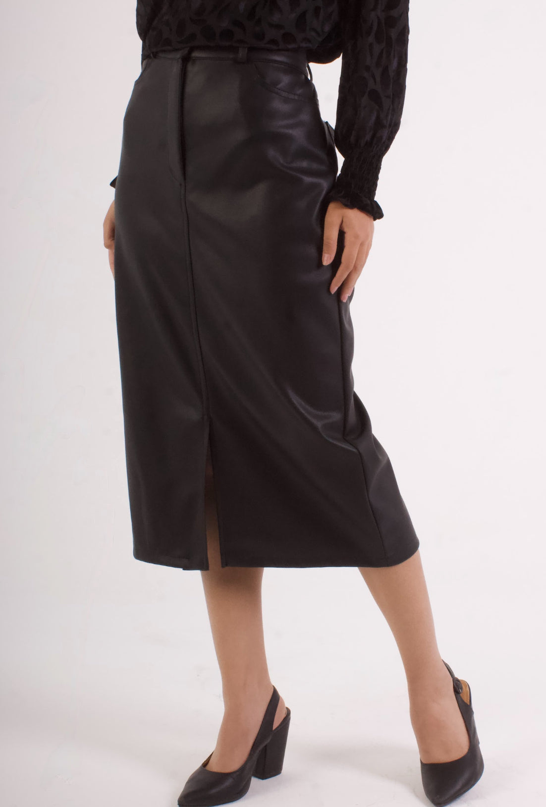 Front Slit Midi Leather Skirt