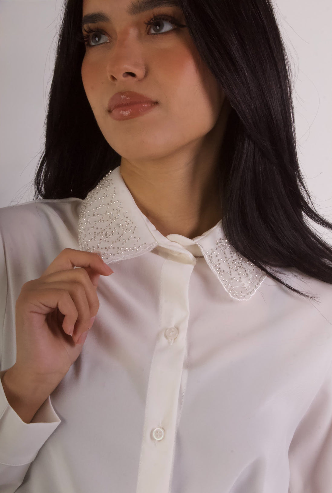 Bedazzled Collar Crepe Blouse