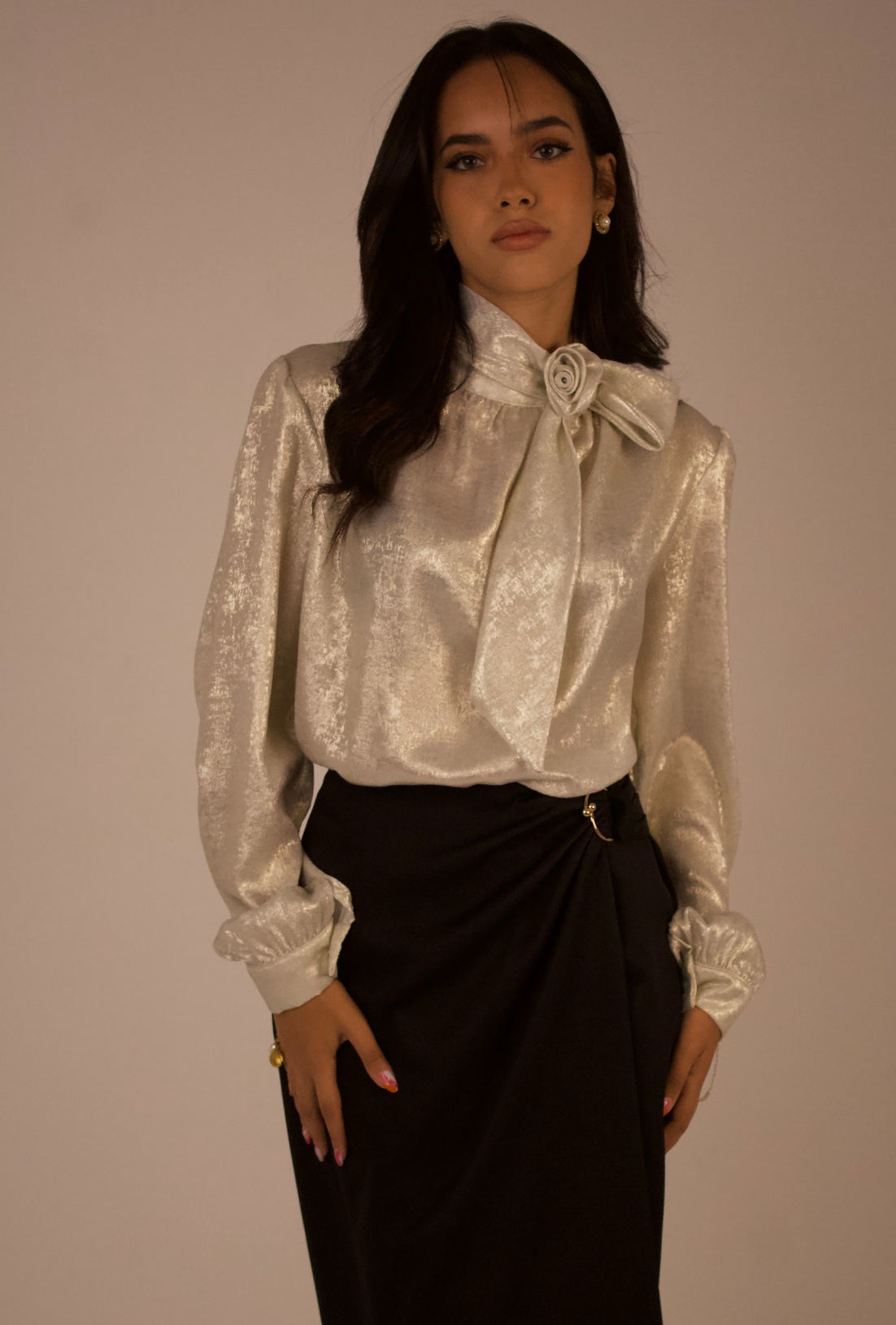 Shimmery Blouse with Flower Collar