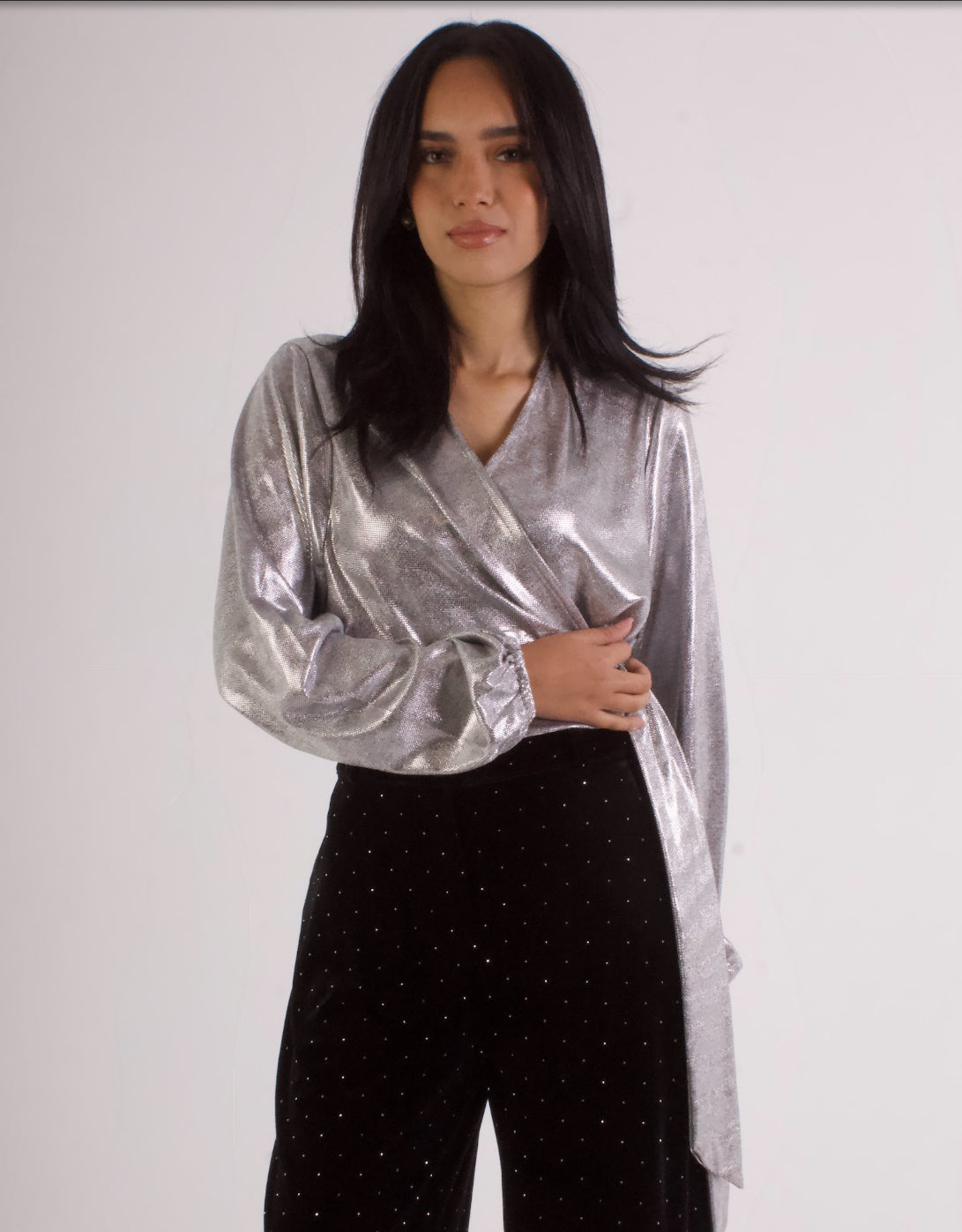 Shimmery Satin Wrap Blouse