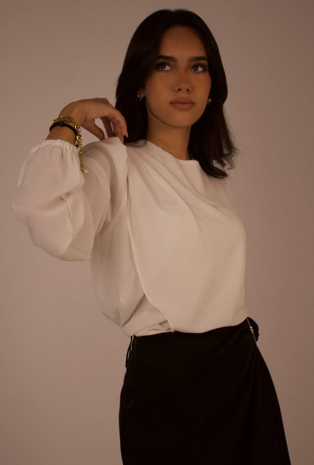 Shoulder-Pleated Satin Blouse