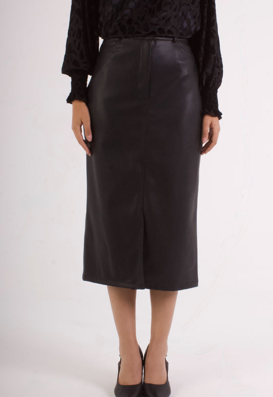 Front Slit Midi Leather Skirt