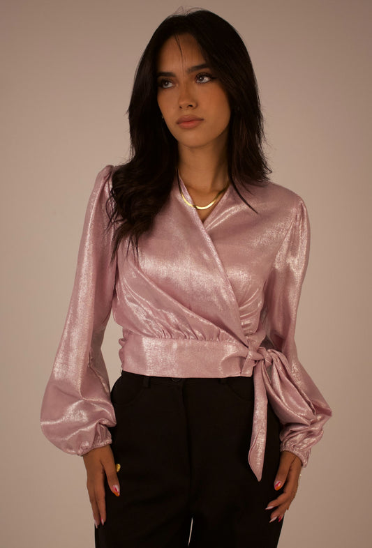 Shimmery Satin Wrap Blouse