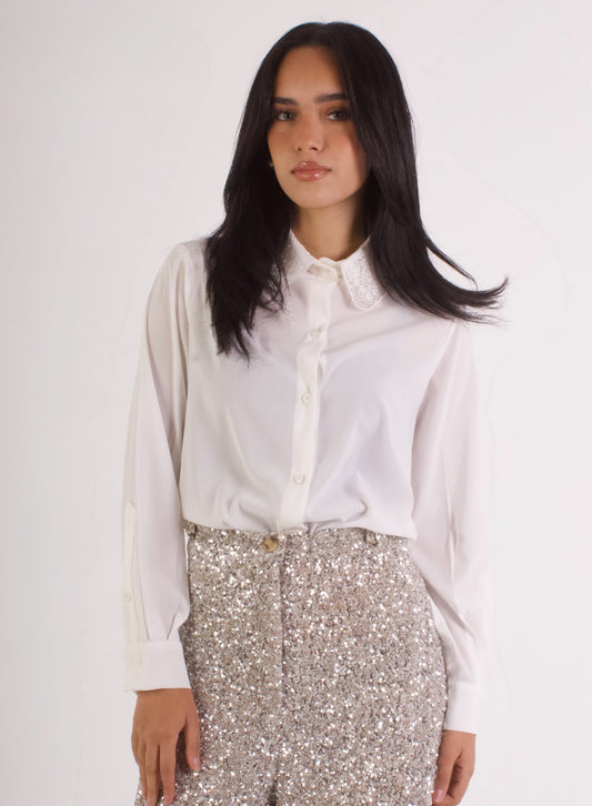 Bedazzled Collar Crepe Blouse